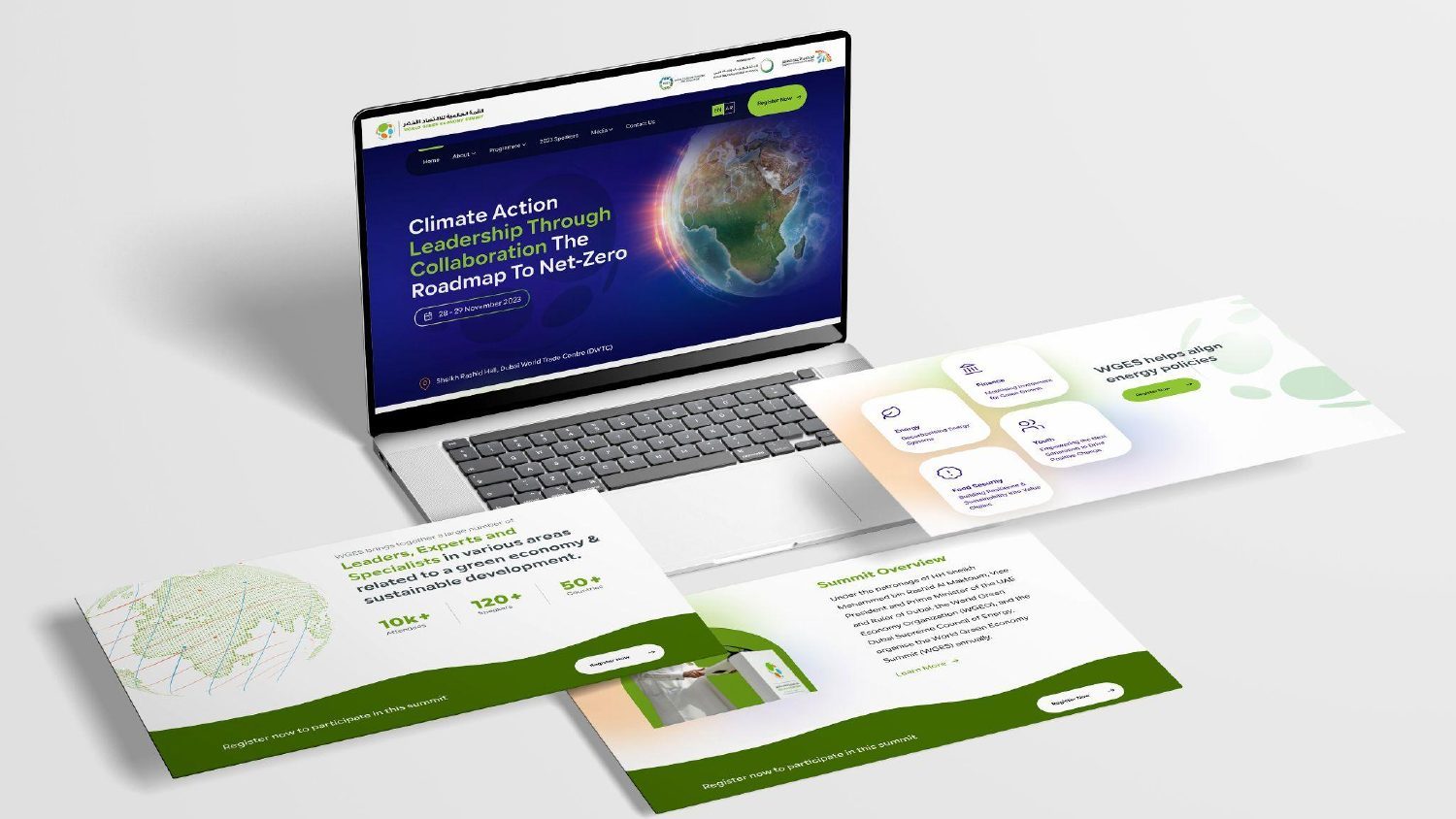 World Green Economy Summit website on laptop and screens
